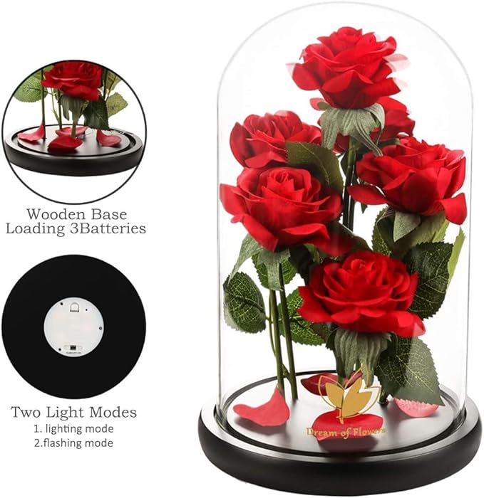 Valentines Day Rose Gifts for Women,Beauty and Beast Rose in Glass Dome with LED Light,Glass Rose Flower Gifts for Her Valentines Birthday Gifts for Women Mom Wife Girlfriend Friend Forever Red Rose