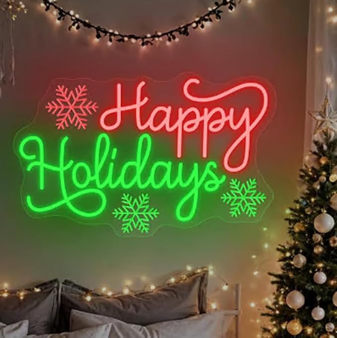 Happy Holidays Snowflakes Neon Sign, Custom Merry Christmas LED Neon Light, New Year Holidays 2026 Party Home Wall Decor, Xmas Gift Size:22 x 13 inches