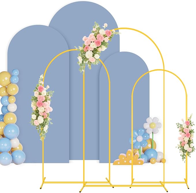Weding Arch Backdrop Stand and Dusty Blue Cover Set 6FT, 5FT, 4FT Metal Arch Stand with Cover Set of 3 Wedding Arch Frame and Arch Stand Cover for Wedding Ceremony Birthday Party Baby Sower