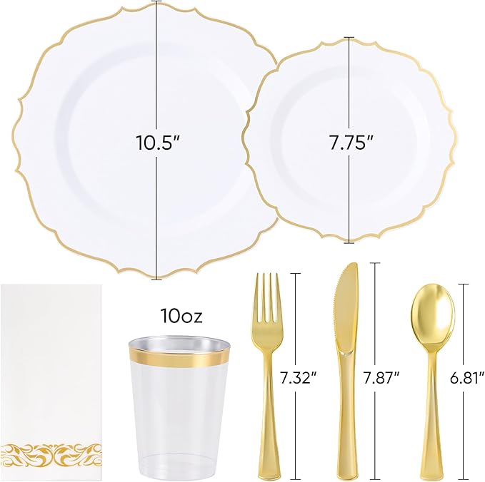 350 PCS Gold Disposable Plates, Scalloped Dinnerware Set for 50 Guests, 100 Plastic Plates, 150 Silverware, 50 Cups & 50 Paper Napkins, Gold
