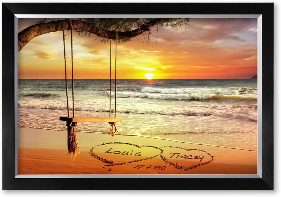 IPIC - "Eternal Love Personalized Framed Wall Art, Custom Beach Sunset Scene with Names and Date in Sand, A Personalized Gift for Couple, Wedding, or Anniversary, Coastal Home Decor