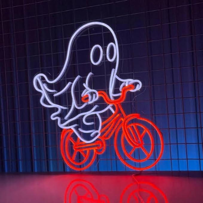 Ghost Riding A Bicycle Neon Sign, Custom Cute Ghost Biker LED Light, Ghost Halloween Neon Light Wall Decor, Ghost Night Light For Home Décor Size:23inches