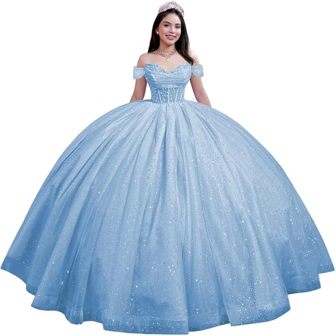 Youjiayi Glitter Tulle Quinceanera Dresses with Train Off Shoulder Beaded Sweet 16 Dresses Pleated Long Ball Gown for Women