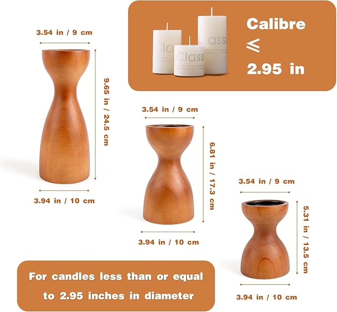 Set of 3 Farmhouse Wooden Candle Holders for Pillar Candles, Brown Rustic Wood Pillar Candle Stands Table Centerpiece Decor for Fireplace, Living, and Dining Room