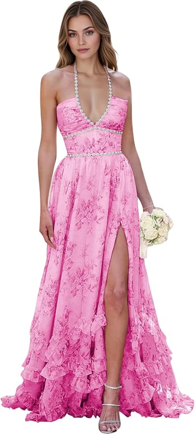 Floral Printed Chiffon Prom Dress for Carmen 2025 Long V Neck Floor Length Photoshoot Dress with Side Slit Ruched