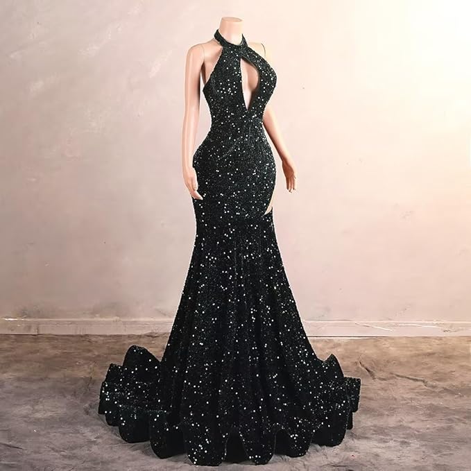 Sexy High Neck Mermaid Evening Long Dress Sequins Sleeveless Celebrity Pageant Dress Cocktail Party Gowns