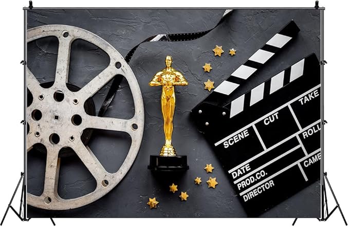 Movie Theme Backdrop 15x10ft Golden Statue and Movie Clapper Board Background Photography Show Parties Award Ceremony Award Ceremony Decorations Photo Booth Props