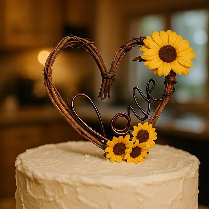Love Cake Topper in Grapevine Twigs and Sunflowers for Engagement Party, Rustic Bride Shower, Wedding Receptions