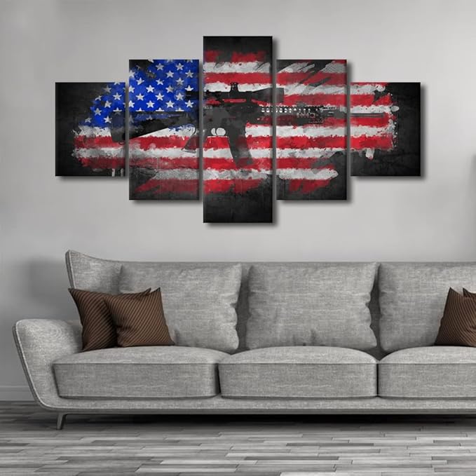 Black and White Canvas Painting Prints and Poster American Flag with Gun 5 Panel Pictures Home Decor Living room Wall Decorations Modern Large Artwork Home Decor Stretched and Framed 60" Wx32 H
