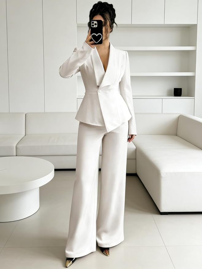 Pant Suits for Women Dressy 2 Piece Womens Pantsuit Long Sleeve Lapel V-Neck Formal Outfit for Wedding Guest