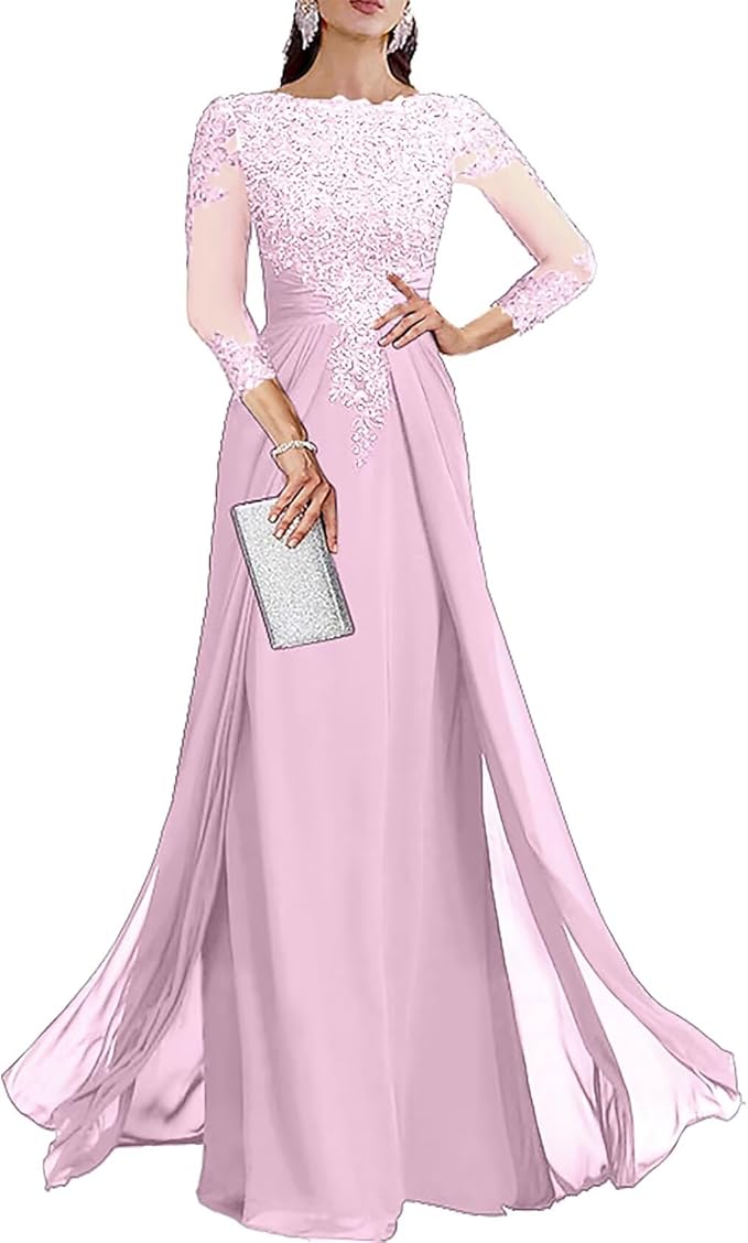 Long Sleeve Mother of The Bride Dresses for Wedding Lace Appliques Chiffon Formal Dress He6052