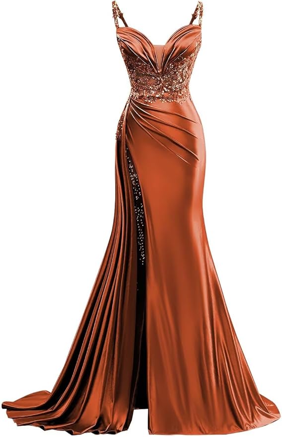 V Neck Satin Prom Dresses Long Mermaid Lace Evening Gown with Slit Pleated Bodycon Formal Dress with Tail