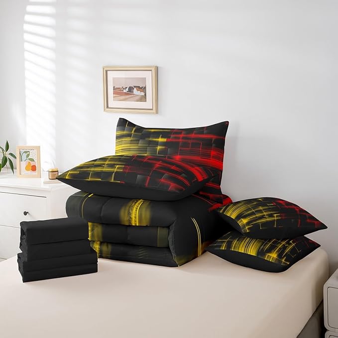Feelyou Red and Yellow Comforter Set with Sheets 7 Piece Queen Size Kids Geometric Bed in a Bag Strip Lines Bedding Set Abstract Art Bed Set with Comforter, Sheets,Pillowcases,Cushion Covers