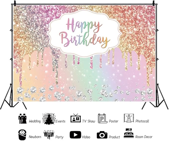 OERJU Rainbow Glitter Birthday Backdrop Colorful Sequin Diamonds Happy Birthday Backdrop for Women Girls Sweet 16 18th 21st 30th Birthday Party Decorations Background Cake Table Banner 12x8ft