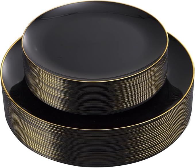KIRE 60PCS Black Plastic Plates - Black Disposable Plates with Gold Rim for Halloween Party/Graduation - Include 30Pcs 10.25inch for Dinner and 30Pcs 7.5inch for Dessert