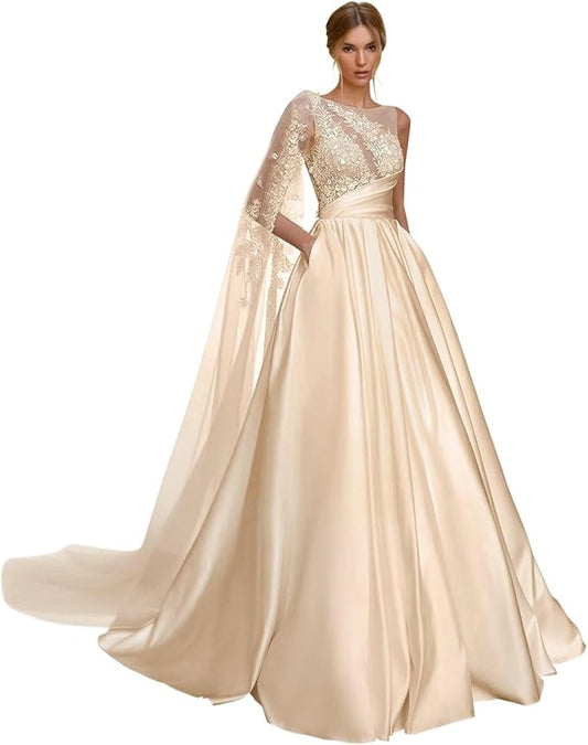 Zeeyecie Ruffle Satin Wedding Dresses 2025 A-Line Crew Neck Lace Applique Sequins Beads Sparkly Bridal Gown with Pockets