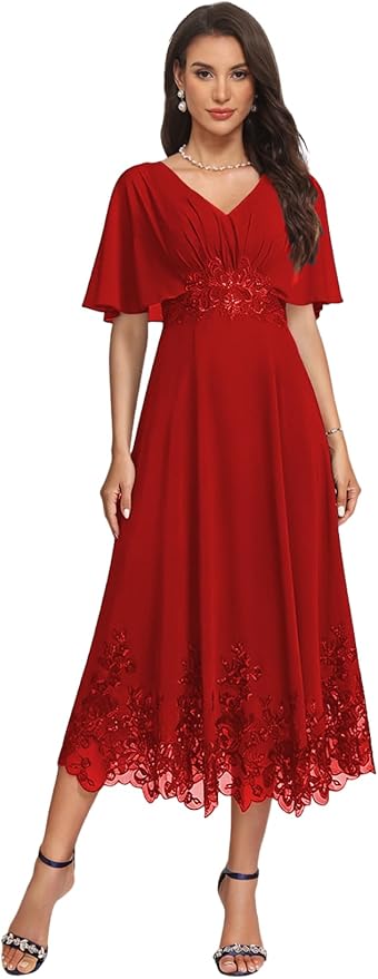 Tea Length Mother of The Bride Dress with Sleeves Laces Formal Evening Gowns for Wedding V Neck Wedding Guest Gown ZMX37