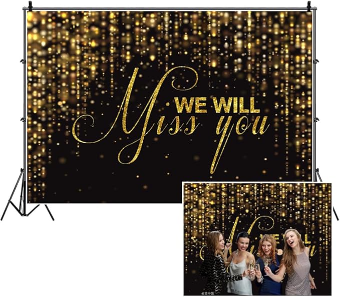 We Will Miss You Backdrop Banner 10x7ft Black Gold Going Away Party Photo Backdrop Background Men Women Goodbye Office Work Congrats Retirement Farewell Anniversary Graduation Party Decors