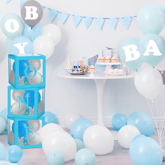 Thyle 12 Pcs Transparent Balloon Boxes Clear Balloon Boxes with 99 Letters for Baby Shower Gender Reveal Grad Birthday Party Bridal Wedding Anniversary Backdrop Decoration (Blue)