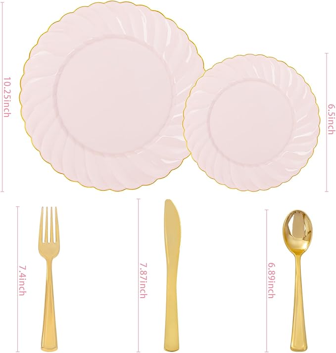 YOUBET 125Pcs Pink Plastic Plates with Gold Rim - Scalloped Plastic Plates Set Includes 25 Dinner, 25 Dessert Plate, 75 Gold Silverware for 25Geusts for Wedding Birthday Parties Baby Shower Valentines