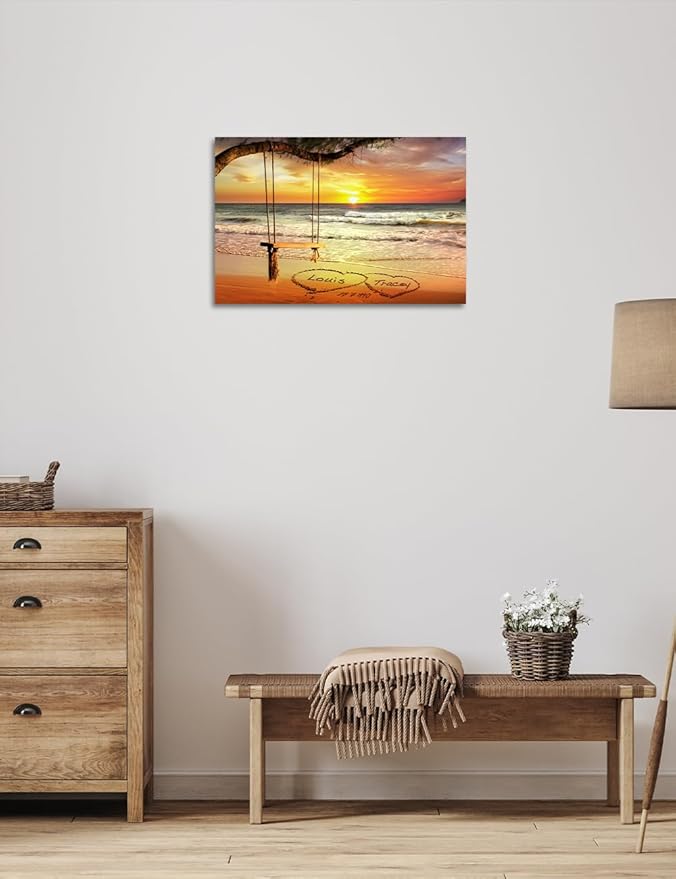 IPIC - "Eternal Love Personalized Canvas Wall Art, Custom Beach Sunset Scene with Names and Date in Sand, A Personalized Gift for Couple, Wedding, or Anniversary, Coastal Home Decor