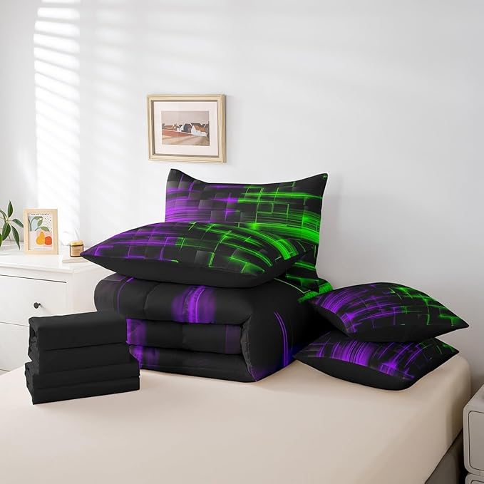 Feelyou Green and Purple Comforter Set with Sheets 7 Piece Twin Size Kids Geometric Bed in a Bag Strip Lines Bedding Set Abstract Art Bed Set with Comforter, Sheets,Cushion Covers