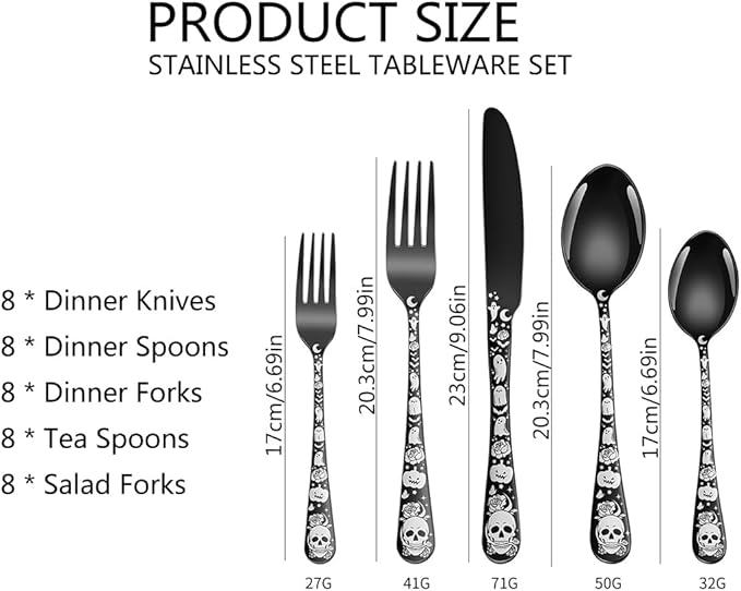 XIAOYU 40 Piece Halloween Gothic Skull Pattern Silverware Set, Stainless Steel Flatware Set for 8, Tableware Cutlery Set with Unique Skull Design, Perfect for Halloween Easter and Christmas, Gold