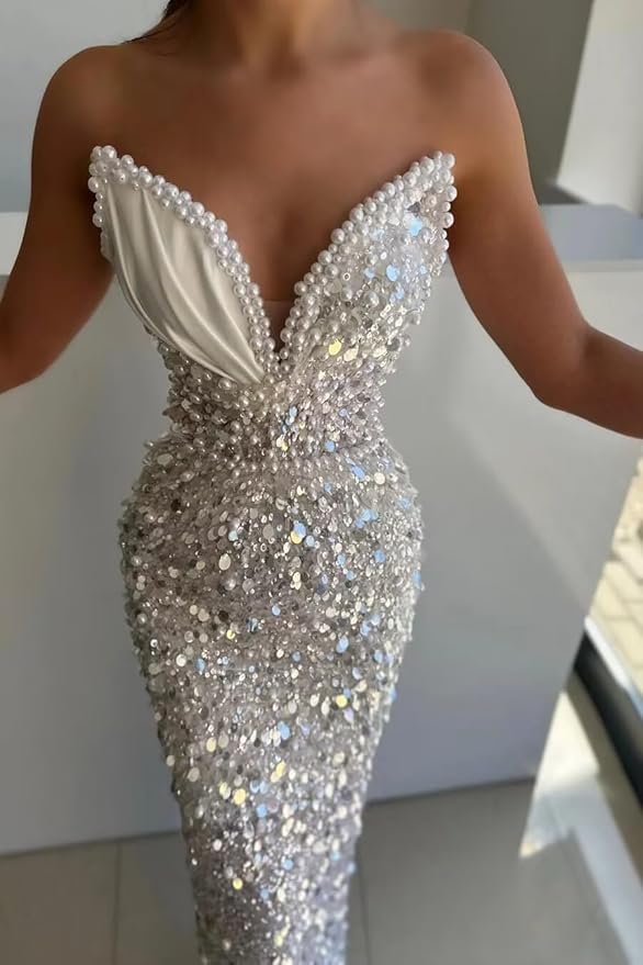 Sparkly Sequin Mermaid Prom Dresses Long V Neck Satin Beaded Pleated Tight High Waist Formal Dresses Evening Party Gowns