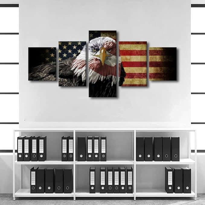 5 Piece American Flag Canvas Wall Art Wooden Flag Wall Art Army Decor Military Art American Flag Poster Patriotic Wall Art Bald Eagle Decor for Home Office Decor Framed Ready to Hang 50"Wx24"H