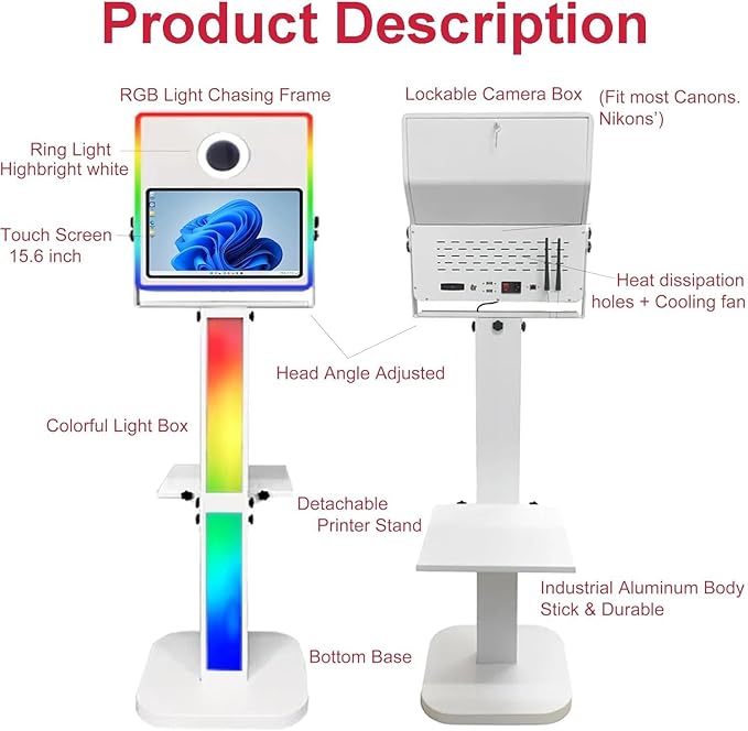 Mirror Photo Booth with Printer, 15.6" Touch Screen Selfie DSLR Photobooth Machine RGB Lights Stand for Events Wedding Party Flight Case (White Color+ Printer No Camera)