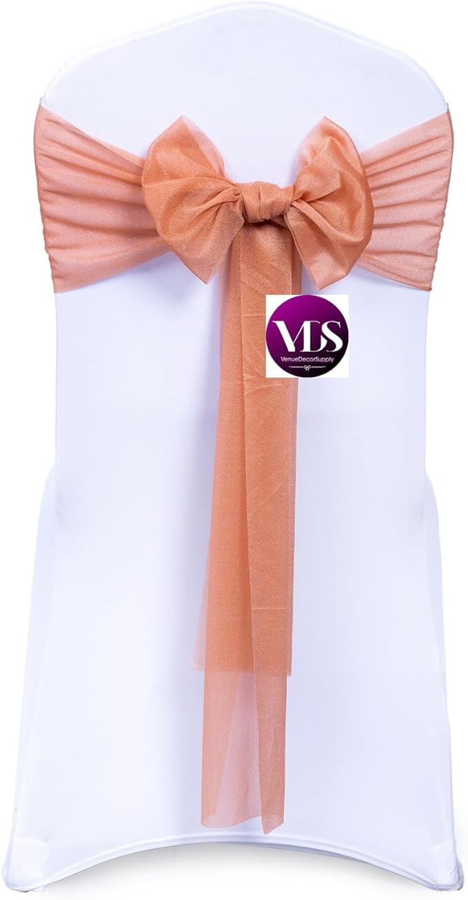 VDS Pack of 75, Coral Peach, Sheer Chiffon Chair Sashes Bows Chair Cover Back Tie Ribbon for Wedding Birthday Baby Shower Engagement Ceremony Event Party Banquet Restaurant Dining Chair Decoration