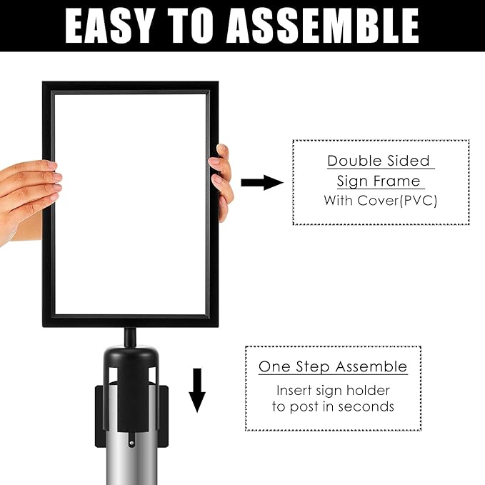 Taiyin 4 Pcs Stanchion Sign Holder Double Sided Sign Frame with Cover Stanchion Top Frames for 8.58 x 12.52 Inches Paper Size for Crowd Control Sentry Stanchions (Black)