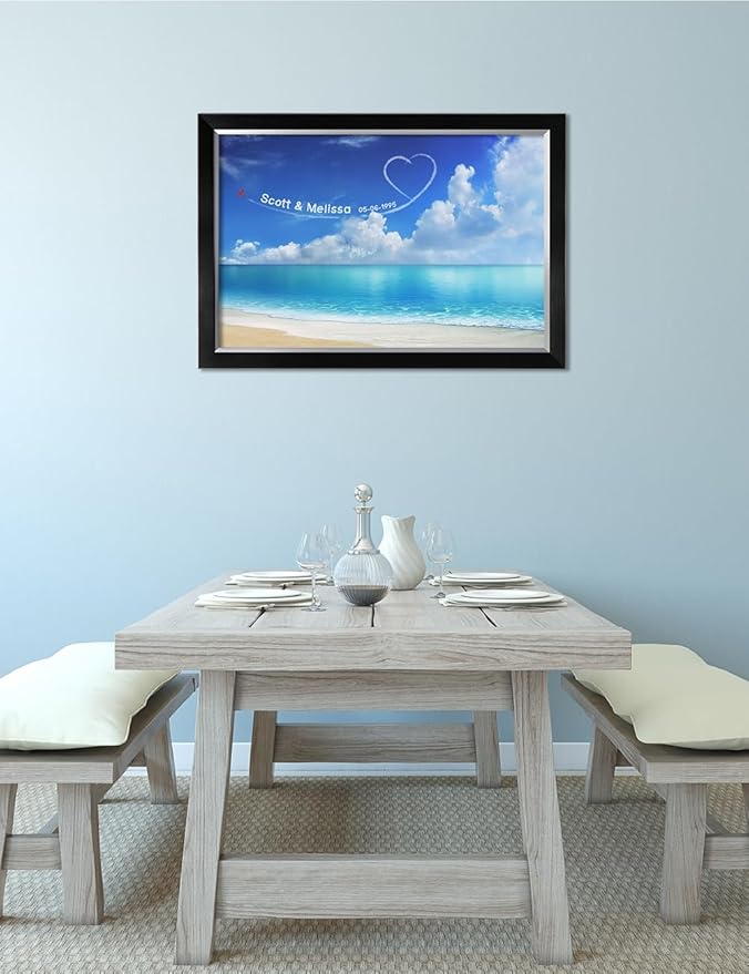 IPIC - Seaside Skywriting Personalized Artwork with Names and Date on, Customized Gift for Anniversary,Wedding,Birthday and Holidays. Framed Size:33x23