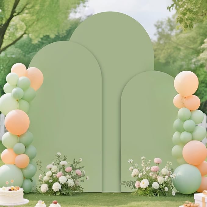 FUHSY Wedding Arch Backdrop Stand and Sage Green Arch Cover Set of 3 (6FT, 5FT, 4FT) Metal Arches Stable Frame Stands with Spandex Backdrop Cover for Birthday Party Bridal Baby Shower Decor