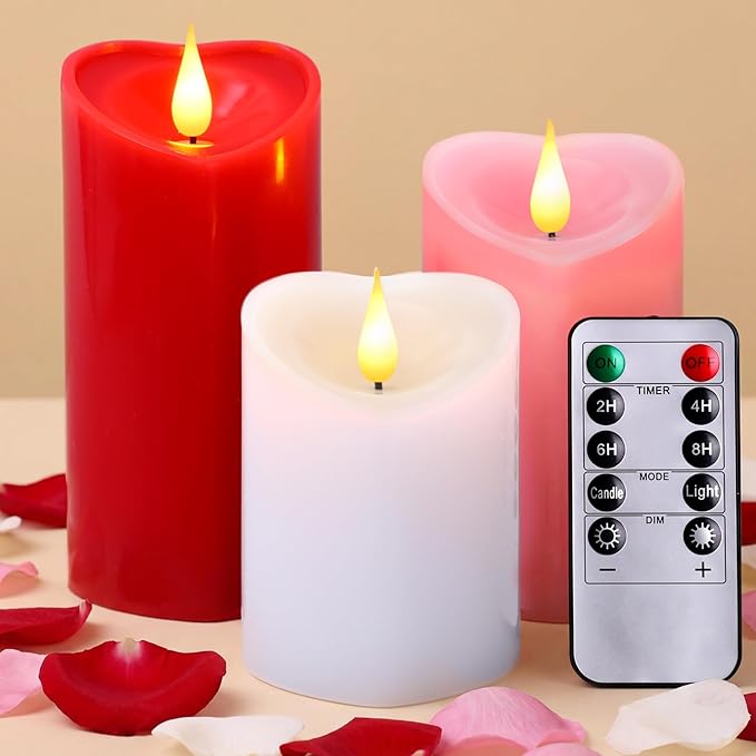 Retisee 3 PCS Valentine's Day Heart Pillar Candle - 4" 5" 6" LED Battery Operated Flameless Candle with Remote for Valentine Women Romantic Home Weeding Decoration Gift(Red, Pink, White)