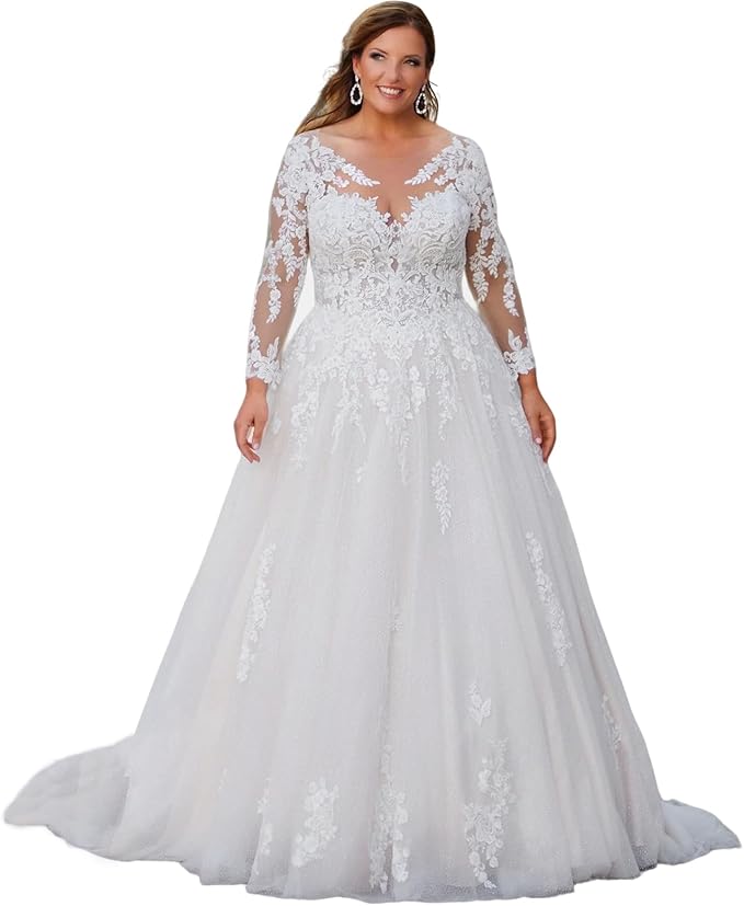 Plus Size Wedding Dresses for Bride Long Sleeve Wedding Bridal Gowns with Lace Appliques Off Shoulder Bride Dress