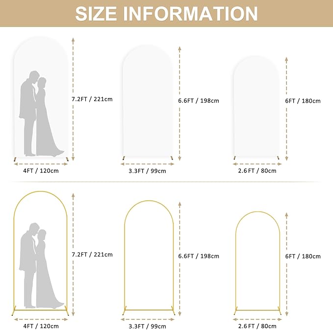 Metal Arch Stand and Cover Set 7.2FT 6.6FT 6FT Balloon Wedding Arch Stand with White Spandex Wedding Arch Cover Set of 3 Gold Arch Stand Frame for Birthday Party Reception Decor