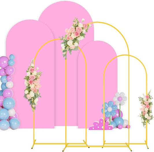 Arch Backdrop Stand and Cover Set 6FT/5FT/4FT Pink Spandex Fitted Arch Stand Cover Metal Chiara Arched Frame Backdrop Set of 3 for Birthday Party Baby Shower Graduation Ceremony Decorations