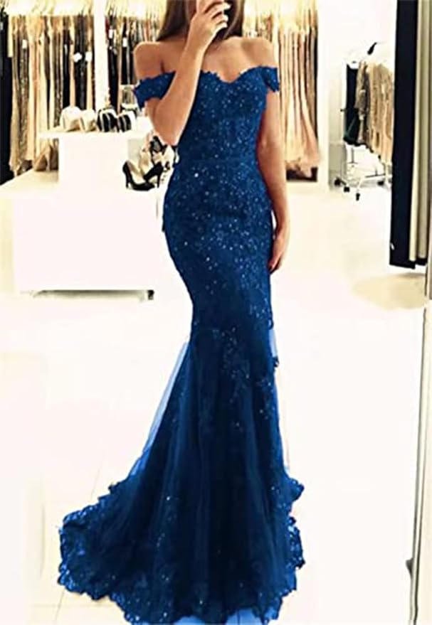 Tulle Long Prom Dresses Off The Shoulder Mermaid Dress with Elegant Laces Appliques Formal Evening Party Gowns