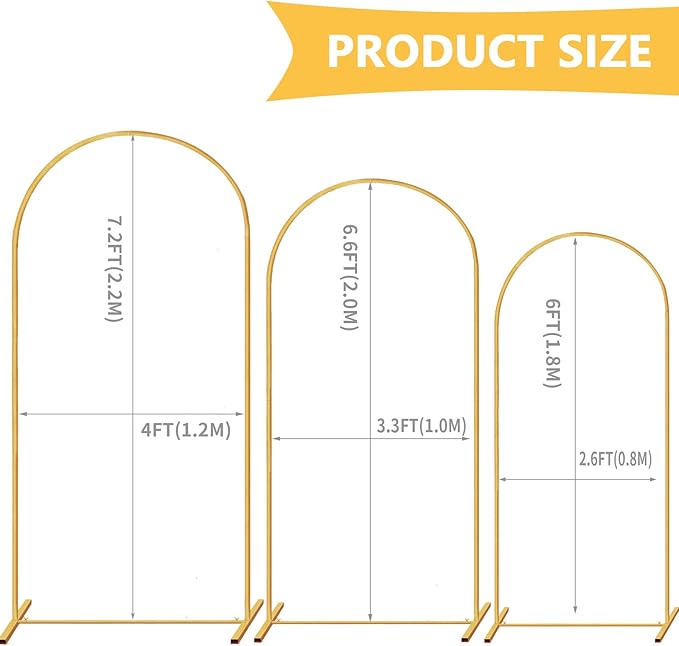 Metal Arch Stand Gold Wedding Backdrop Stand Set of 3 (7.2FT,6.6FT,6FT)Arched Frame for Birthday Party Baby Shower Graduation Ceremony Decoration (gold)