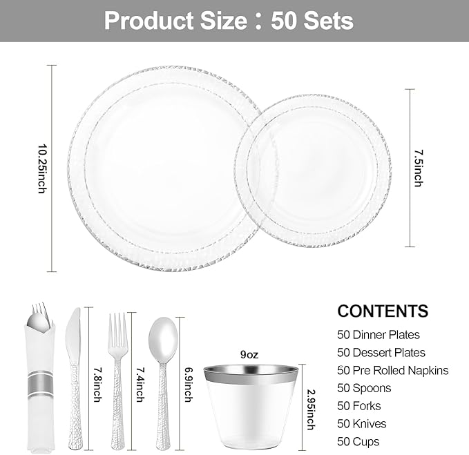 350PCS Clear Plastic Plates with Silver Trim for 50 Guests, Disposable Dinnerware Set for Party & Wedding, Includes 100 Plastic Plates, 50 Pre Rolled Napkins with Silver Silverware, 50 Cups