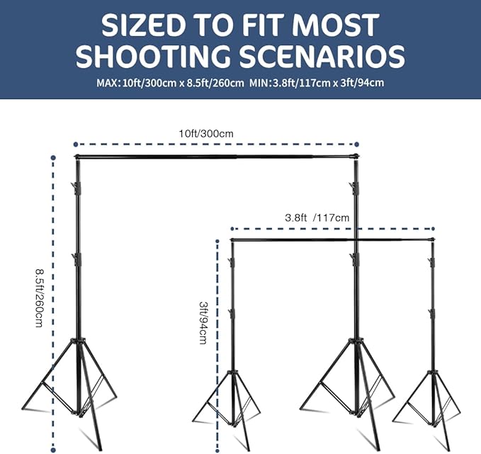 Kate Backdrop Stand Kit for Photography, 10x8.5ft(WxH) Adjustable Heavy Duty Photo Background Stand with 8 Clamps and 2 Sandbags, Back Drop Support System Stand for Backdrop Parties