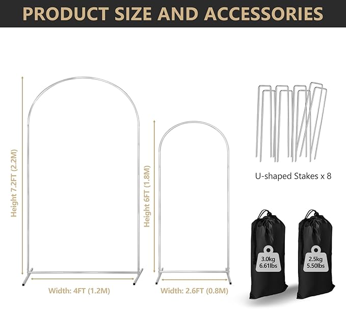 Arch Backdrop Stand Set of 2 Metal Wedding Arch Stand 7.2FT & 6FT Balloon Backdrop Frame for Birthday Party Wedding Graduations, Holiday Ceremony - Ideal for Flowers and Garden Decor, White