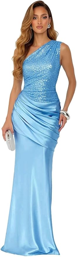 Sparkly Sequins Mermaid Prom Dress 2026 for Women Long Satin One Shoulder Asymmetrical Pleated Formal Evening Gown