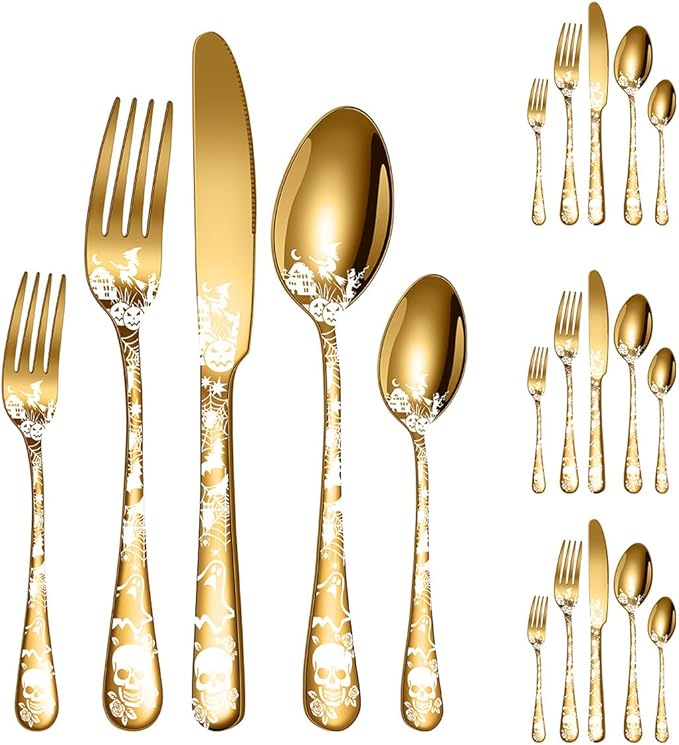 XIAOYU Halloween Themed Skeleton Silverware Set for 4, 20-Piece Stainless Steel Flatware Set, Gothic Skeleton Pattern Decorative Cutlery Set, Halloween Easter and Christmas Tableware, Gold