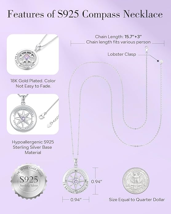 S925 Necklace Gift for Wife |Compass Jewelry |Women Anniversary |Sterling Silver |Girlfriend Birthday Gifts for Her Valentines |I'd be Lost without You |Jewel 18K Gold