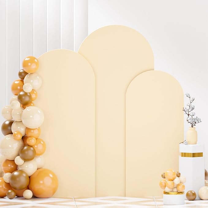 Set of 3 Metal Backdrop Stand with Beige Spandex Wedding Arch Cover 4FT 5FT 6FT Balloon Arch Stands Frame Fitted Arched Covers for Birthday Party Wedding Reception Garden Decor