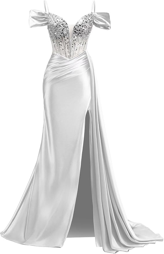 Rjer Off The Shoulder Satin Prom Dresses Long with Slit Tail 2026 Sequin Beaded Pleated Evening Ball Gown for Women Formal