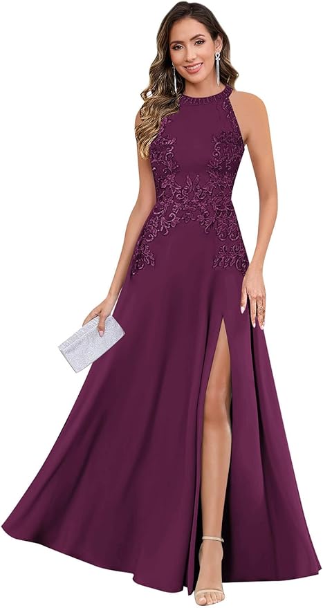 GUKARLEED Halter Lace Appliques Mother of The Bride Dresses for Women Long A-line Formal Wedding Guest Dress with Slit