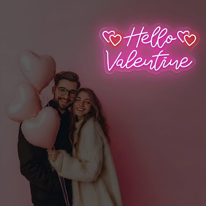 Hello Valentine Neon Sign for Wall Decor, Sweet Pink Heart LED Neon Light for Valentine’s Day Decorations, Neon Wall Art for Bedroom, Living Room & Romantic Date Night Decor 16.5"x8.5"